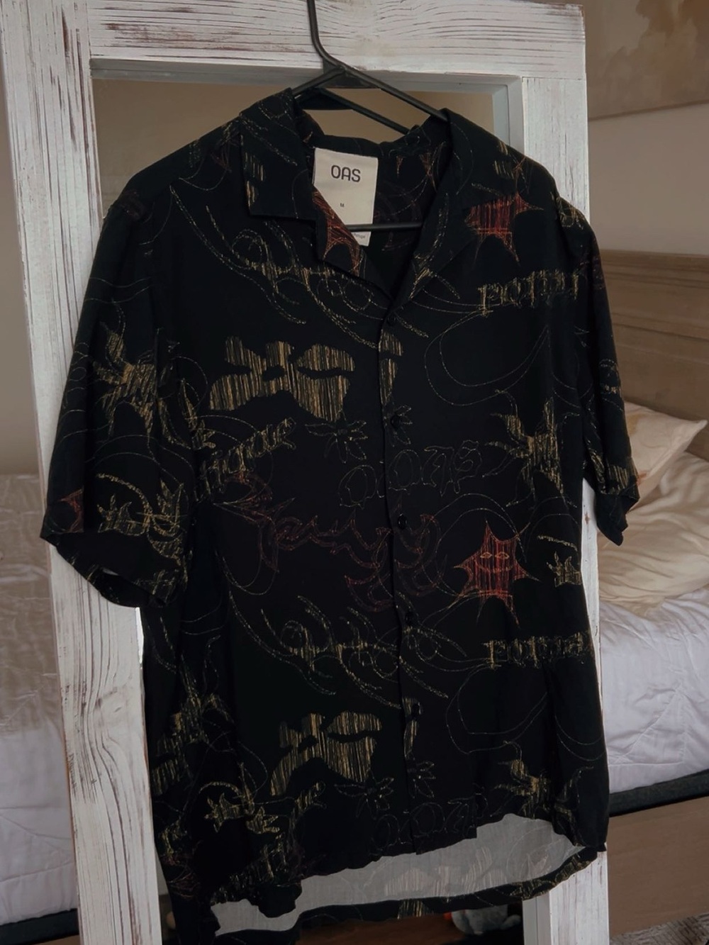 OAS Romantique Black Short-Sleeve Button-Up Shirt with Gold and Rust Accents